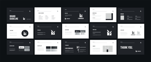 Brand identity framework template. Innovative brand standards layout. Logo and branding strategy guide. Brand presentation manual.