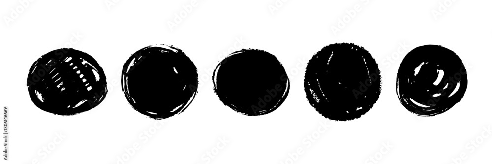 Poster round dry paint stains set. black grunge ink circle collection. textured brush stroke radial element