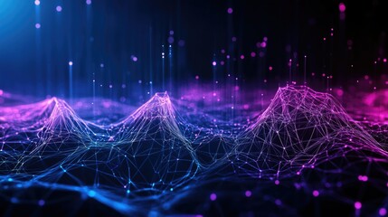 A high-tech 3D abstract background with holographic wireframe structures forming a futuristic digital landscape.