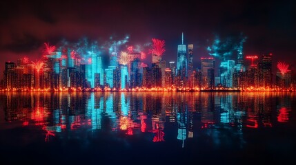 Spectacular Cityscape Reflection with Neon Lights and Fireworks Display