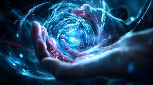 Hand erschafft ein leuchtendes Wurmloch aus Energie und Licht  
