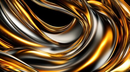 A mesmerizing 3D abstract background featuring liquid-like gold and silver swirls forming an elegant, luxurious composition.