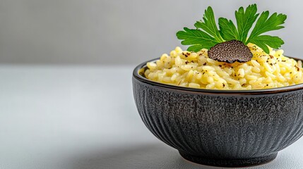 Delicious Truffle Risotto in Elegant Black Bowl A Culinary Masterpiece Savor the creamy texture and earthy aroma of this classic Italian dish Perfect for food lovers and aspiring chefs alike Explore
