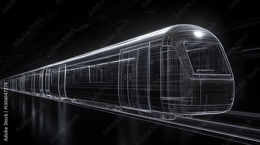 Poster modern subway train wireframe model in tunnel with dark background