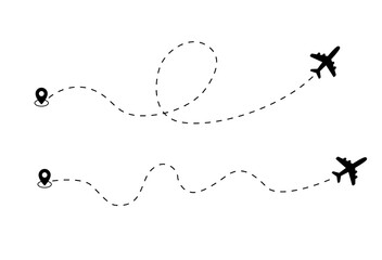 Airplane dotted route line the way airplane. Set. Flying with a dashed line from the starting point and along the path - stock vector.