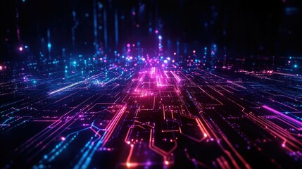 Fototapeta premium A neon cyber grid 3D abstract background with glowing circuit-like patterns stretching into infinity.