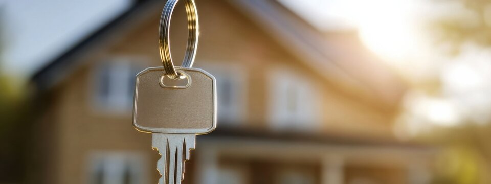 Keys hanging from a keyring in front of a house during golden hour sunlight