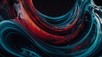 Fluid liquid wave. Slow silk curve motion, wavy paint swirl, soft shiny shape. Ink flow mix splash, deep black dye, water light. Blue red green color bloom. Dark neon smoke cloud, art macro drop loop