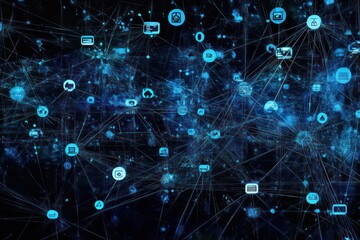 Obraz premium A web of blue icons connected with digital pathways in a virtual space.