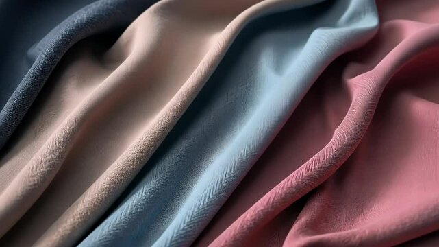 A row of different colored fabric. The colors are blue, pink, and purple. The fabric is folded and has a striped pattern