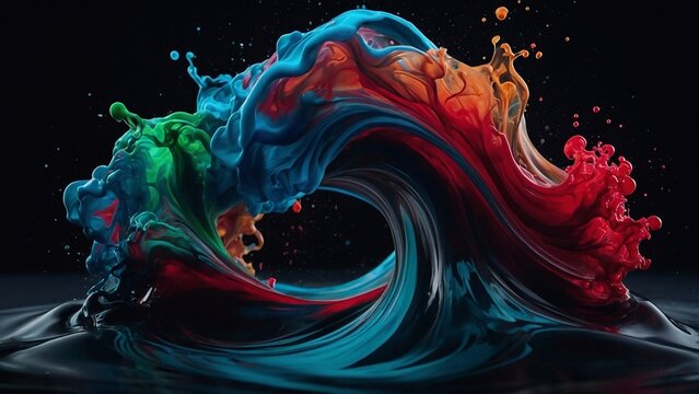 Fluid liquid wave. Slow silk curve motion, wavy paint swirl, soft shiny shape. Ink flow mix splash, deep black dye, water light. Blue red green color bloom. Dark neon smoke cloud, art macro drop loop