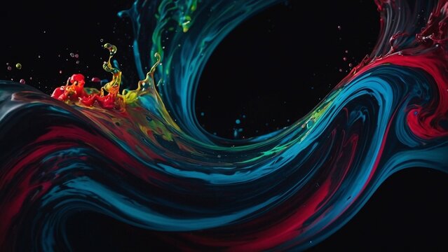 Fluid liquid wave. Slow silk curve motion, wavy paint swirl, soft shiny shape. Ink flow mix splash, deep black dye, water light. Blue red green color bloom. Dark neon smoke cloud, art macro drop loop - Powered by Adobe