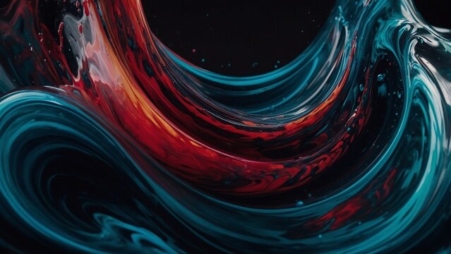 Fluid liquid wave. Slow silk curve motion, wavy paint swirl, soft shiny shape. Ink flow mix splash, deep black dye, water light. Blue red green color bloom. Dark neon smoke cloud, art macro drop loop