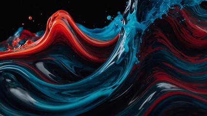 Fluid liquid wave. Slow silk curve motion, wavy paint swirl, soft shiny shape. Ink flow mix splash, deep black dye, water light. Blue red green color bloom. Dark neon smoke cloud, art macro drop loop