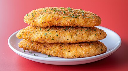 Delicious Stack of Crispy Fried Chicken Cutlets on White Plate, Red Background Indulge in golden-brown perfection with these succulent chicken breasts, perfectly fried and stacked for a mouthwatering