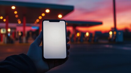 Darkening sky frames a hand holding a smartphone at a gas station during sunset