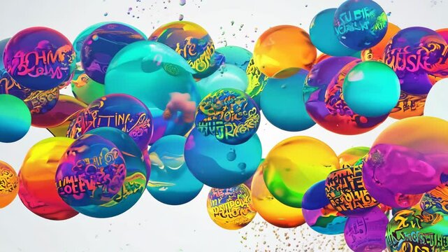 A bunch of colorful spheres with words written on them. Some of the words are "love" and "peace"