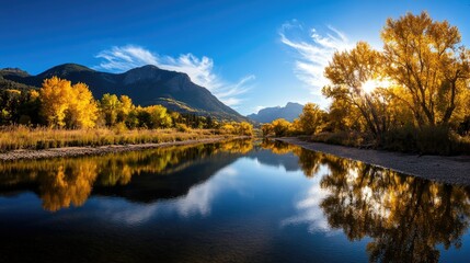 Fototapeta premium A slow-moving river reflecting golden autumn trees.