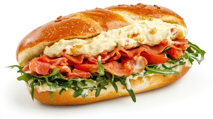 Delicious Salmon Sandwich on a Pretzel Roll A Mouthwatering Close-Up Image Showcasing Fresh Ingredients, Including Flaky Salmon, Creamy Sauce, and Crisp Arugula, Perfect for Food Blogs, Restaurant