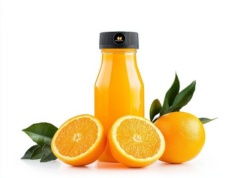 Fresh orange juice bottle with sliced oranges and leaves on a white background. - Powered by Adobe