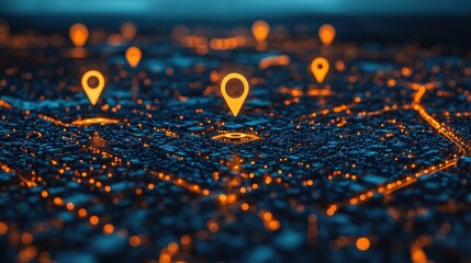 Night city map, glowing location markers