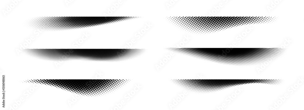 Aufkleber Halftone shadows set. Black dotted gradient stripes collection. Horizontal pixelated grain line patterns. Half tone textured shades pack for divide and separate. Vector noise dots and particles strips
