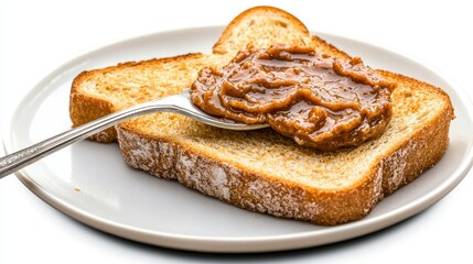 Delicious Peanut Butter Toast A Nutritious Breakfast or Snack, Capturing Golden-Brown Toast Slices Spread Generously with Creamy Peanut Butter, Served on a Classic White Plate, Perfect for Food