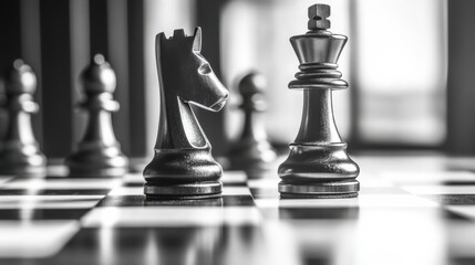 A chessboard with black and white pieces locked in an intense battle Illustrating strategic conflict or competition.
