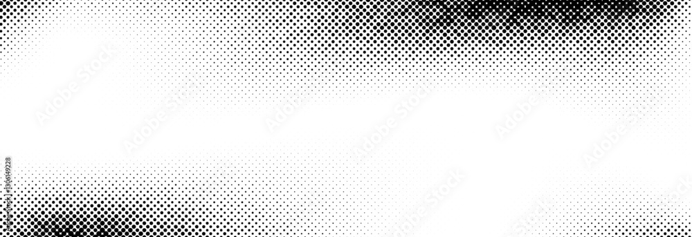 Poster Dotted halftone texture background. Black and white pop art gradient overlay. Vanishing grunge gritty noise wallpaper. Weathered pixelated raster comic backdrop. Vector bitmap fading subtle surface