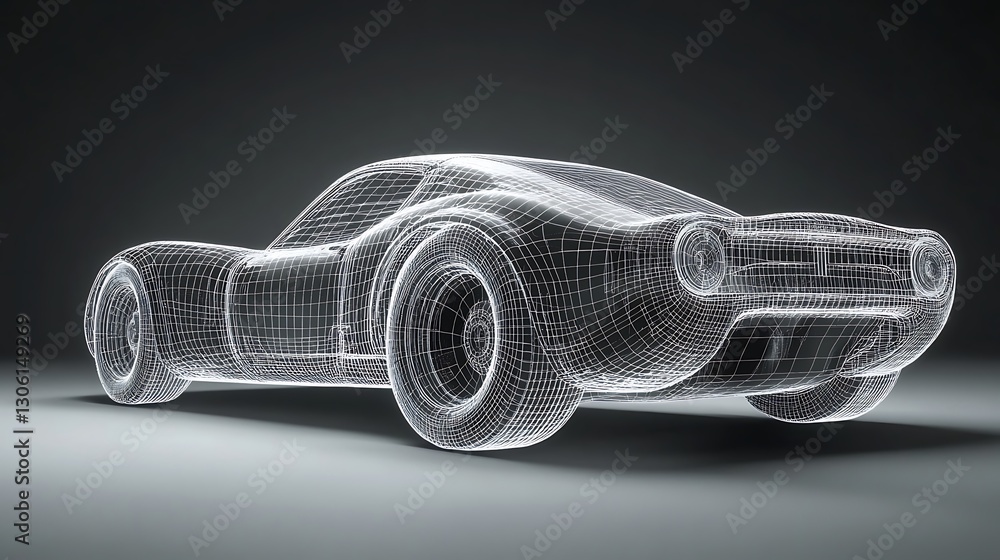 Poster car wireframe model digital rendering on gray background with lighting
