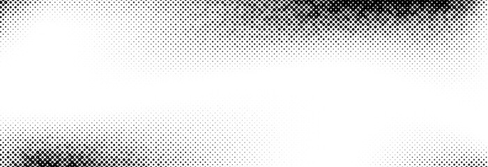 Naklejka premium Dotted halftone texture background. Black and white pop art gradient overlay. Vanishing grunge gritty noise wallpaper. Weathered pixelated raster comic backdrop. Vector bitmap fading subtle surface