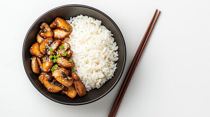 Delicious chicken dish served with fluffy white rice in a stylish bowl.