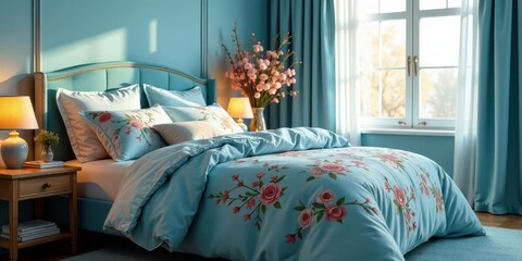 Serene Bedroom with Pastel Blue Bedding and Floral Design Accents, Illuminated by Soft Morning Light