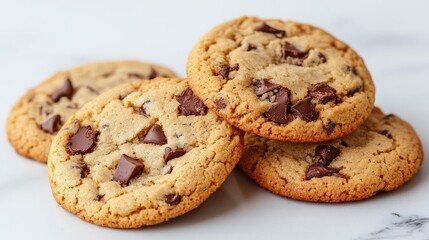 Delicious chocolate chip cookies stacked on a marble surface, perfect for dessert.