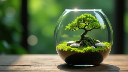 A miniature verdant tree thrives in a glass terrarium, nestled amongst smooth stones and vibrant moss, bathed in sunlight on a wooden surface.