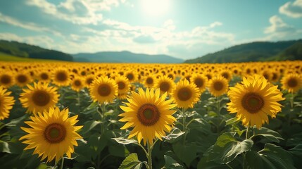 Obraz premium A vibrant sunflower field under a bright blue sky.