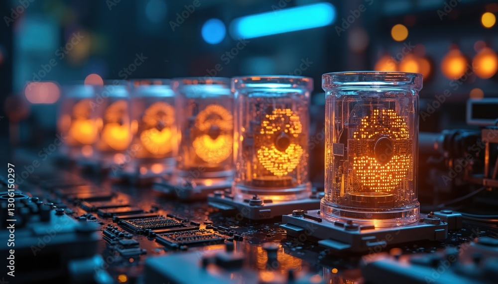 Poster Quantum computer circuit setup with glowing details. Quantum processor inside transparent cylinder containers. High tech laboratory equipement with futuristic design. Perfect for science, technology,