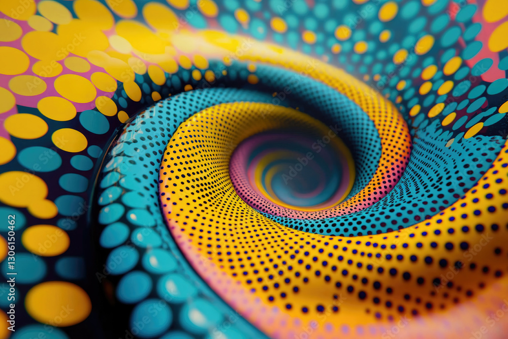 Poster abstract swirling vortex of vibrant yellow, teal, and pink polka dots creating a mesmerizing visual 