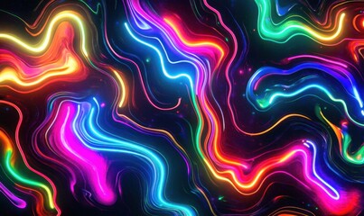 Obraz premium Colorful neon light trails flow across a dark background