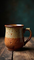 Rough texture, speckled brown ceramic mug; sturdy handle , handle, vintage, handmade mug