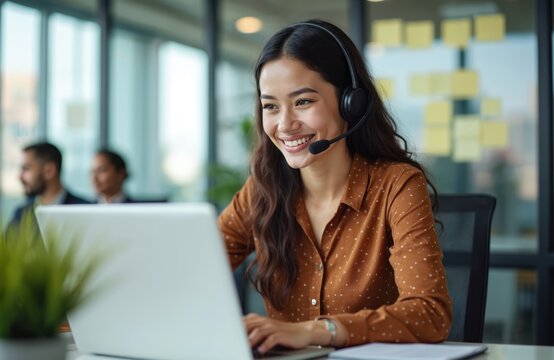 Young woman in headset working on laptop in office. Smiling hispanic businesswoman types on computer keyboard during video call. Help desk employee assists client. Online support service at workplace.