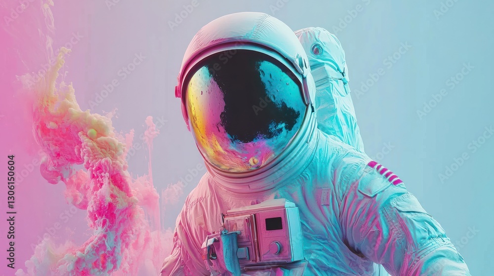 Wall mural vibrant astronaut exploring colorful space with abstract background