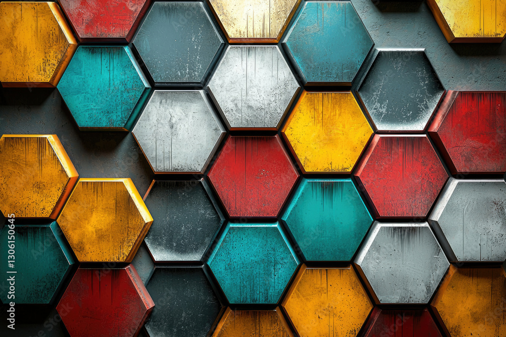 Poster Hexagonal pattern of colorful, textured, metallic tiles creating a geometric background.