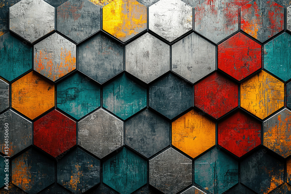 Aufkleber abstract hexagonal pattern with textured surfaces in shades of gray, teal, red, and yellow.