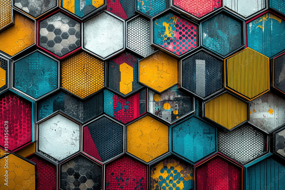 Poster A vibrant mosaic of colorful hexagons, each with unique textures and patterns, creating a striking visual display.