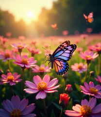 A mesmerizing aerial view of a swirling swarm of vibrant butterflies creating intricate patterns over a blooming wildflower meadow at sunset.