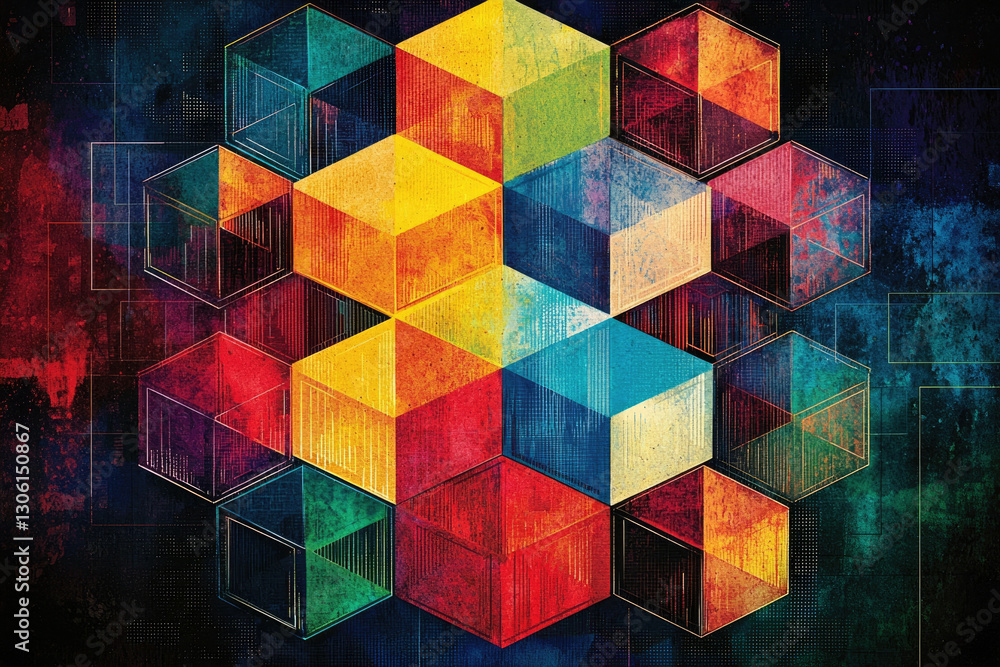 Poster Abstract colorful hexagonal cubes pattern, geometric design, textured background.