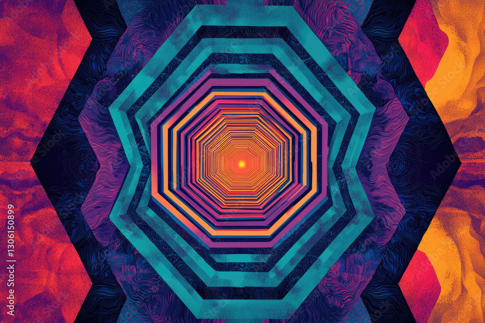 Aufkleber Abstract octagonal tunnel with vibrant colors and textured patterns creating a psychedelic effect.
