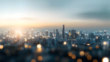Cityscape at Dusk with Beautiful Lights and Skyline View Featuring Modern Buildings and Soft Color Gradients