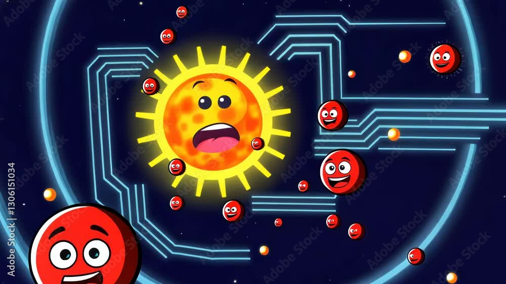 Poster a cartoon sun with a mouth open and a bunch of red balls surrounding it. the sun is smiling and the 